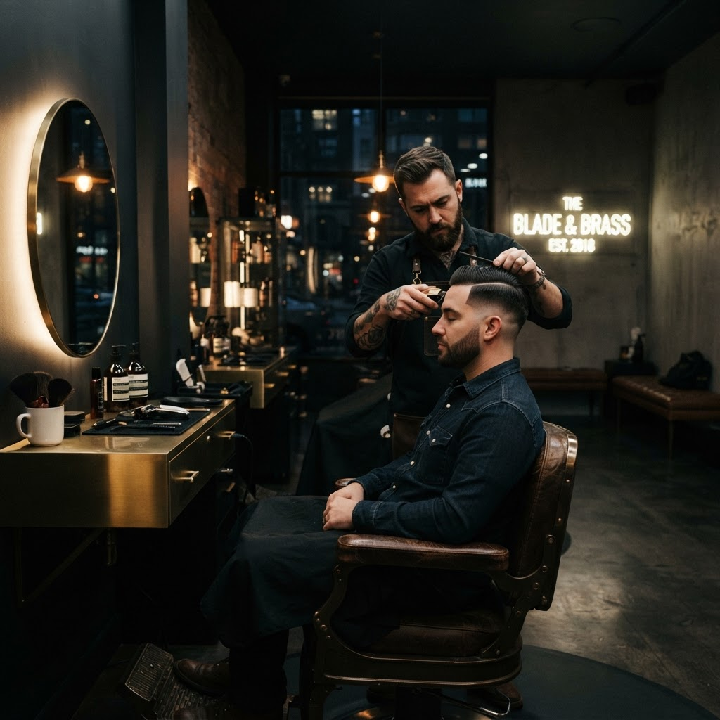 A barber giving a precision fade haircut in a modern shop